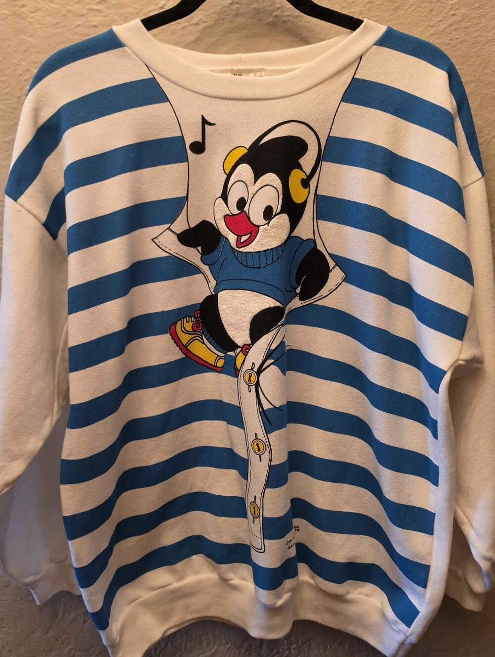Vintage 1986 Mitey Miss Penguin Cartoon Striped Sweatshirt 80s Made Canada M